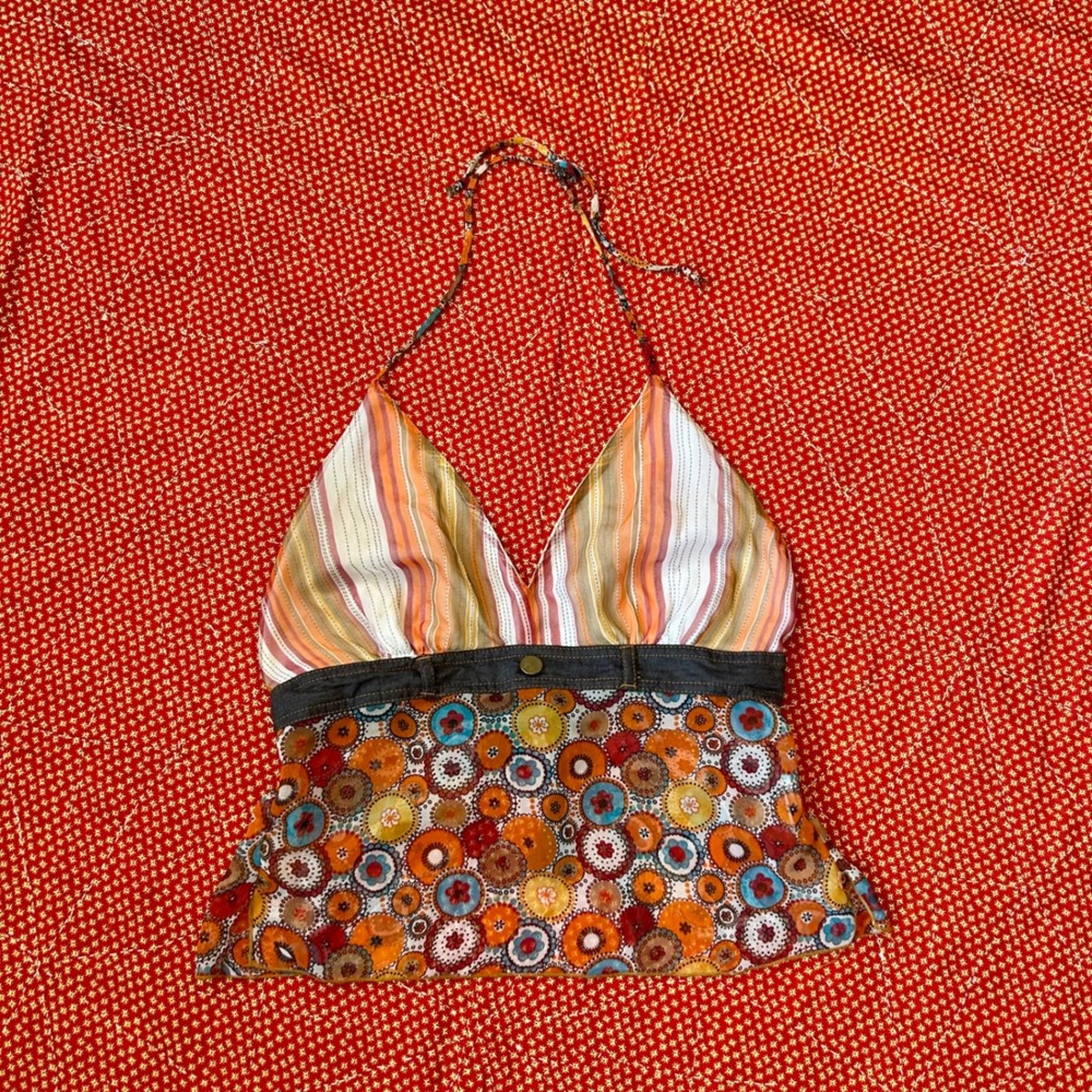 Vintage 90s does 70s Style Floral Striped Halter Top Orange Blue Trim